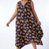 Roman Black Multi Curve Floral Print Hanky Hem Dress