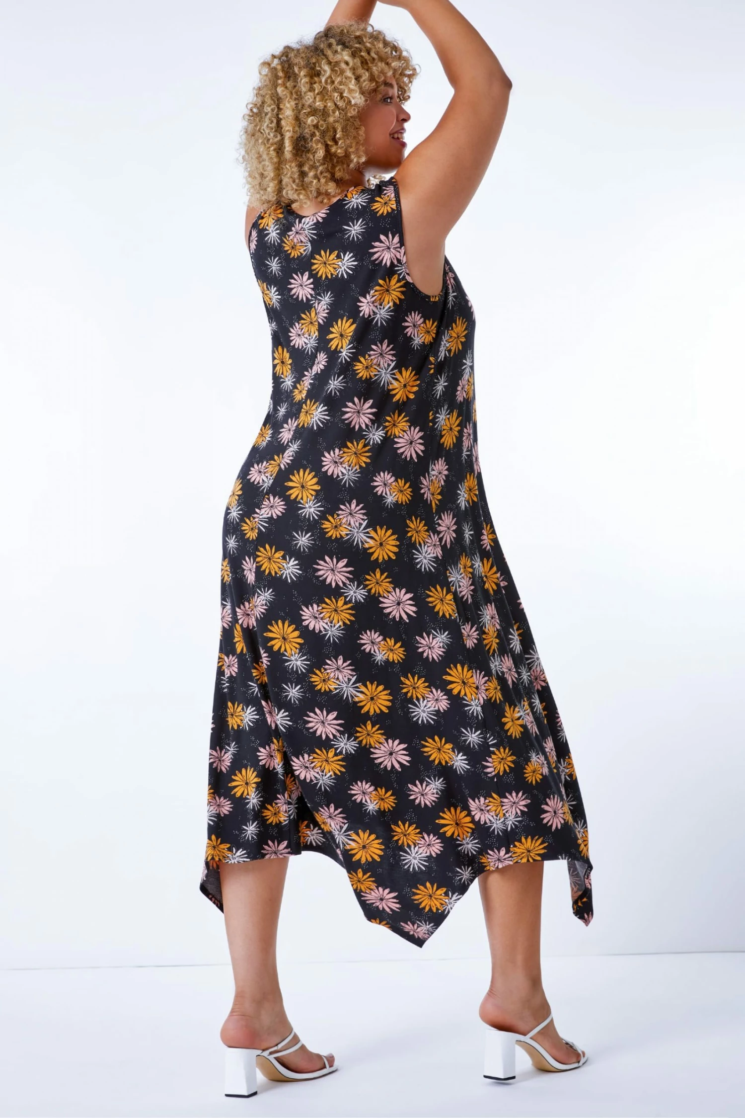 Roman Black Multi Curve Floral Print Hanky Hem Dress 5 Roman Black Multi Curve Floral Print Hanky Hem Dress - Image 3