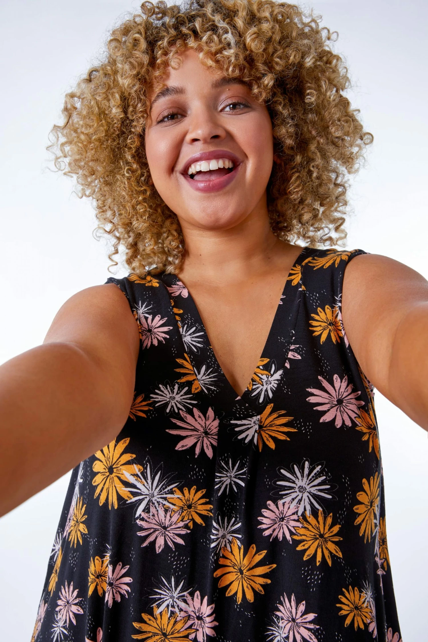 Roman Black Multi Curve Floral Print Hanky Hem Dress 6 Roman Black Multi Curve Floral Print Hanky Hem Dress - Image 4