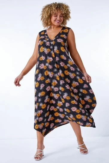 Roman Black Multi Curve Floral Print Hanky Hem Dress 8 Roman Black Multi Curve Floral Print Hanky Hem Dress - Image 6