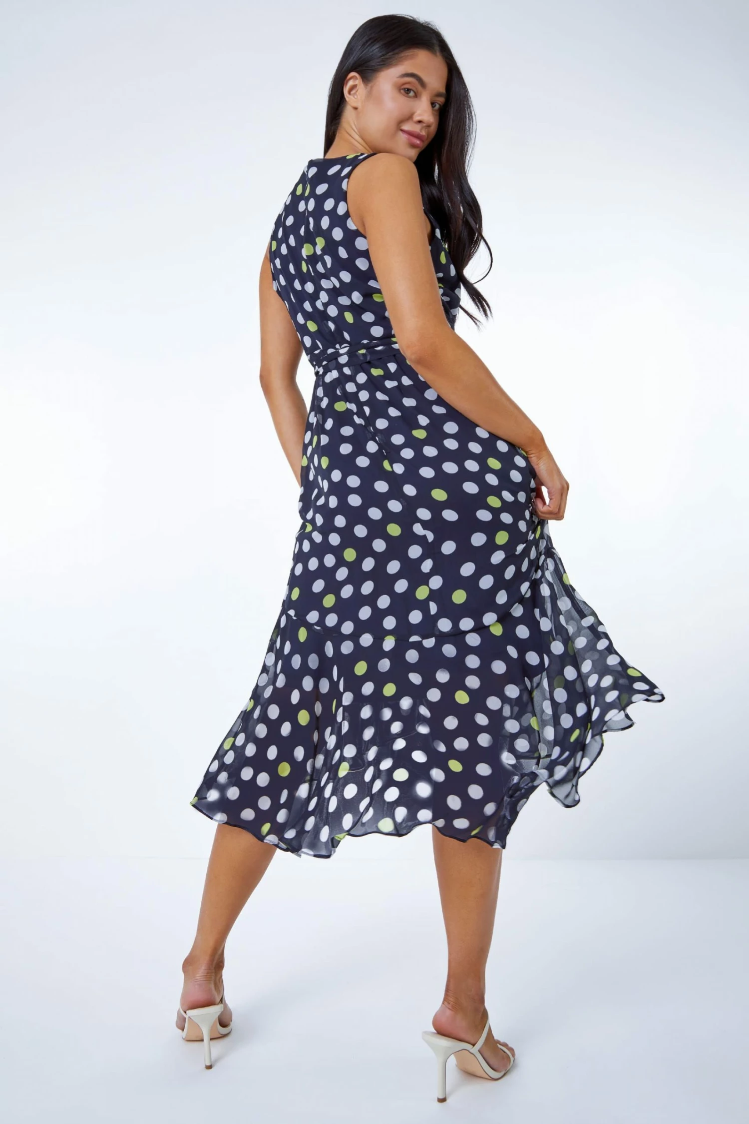 Roman Blue Petite Spot Print Frill Trim Dress 4 Roman Blue Petite Spot Print Frill Trim Dress - Image 2