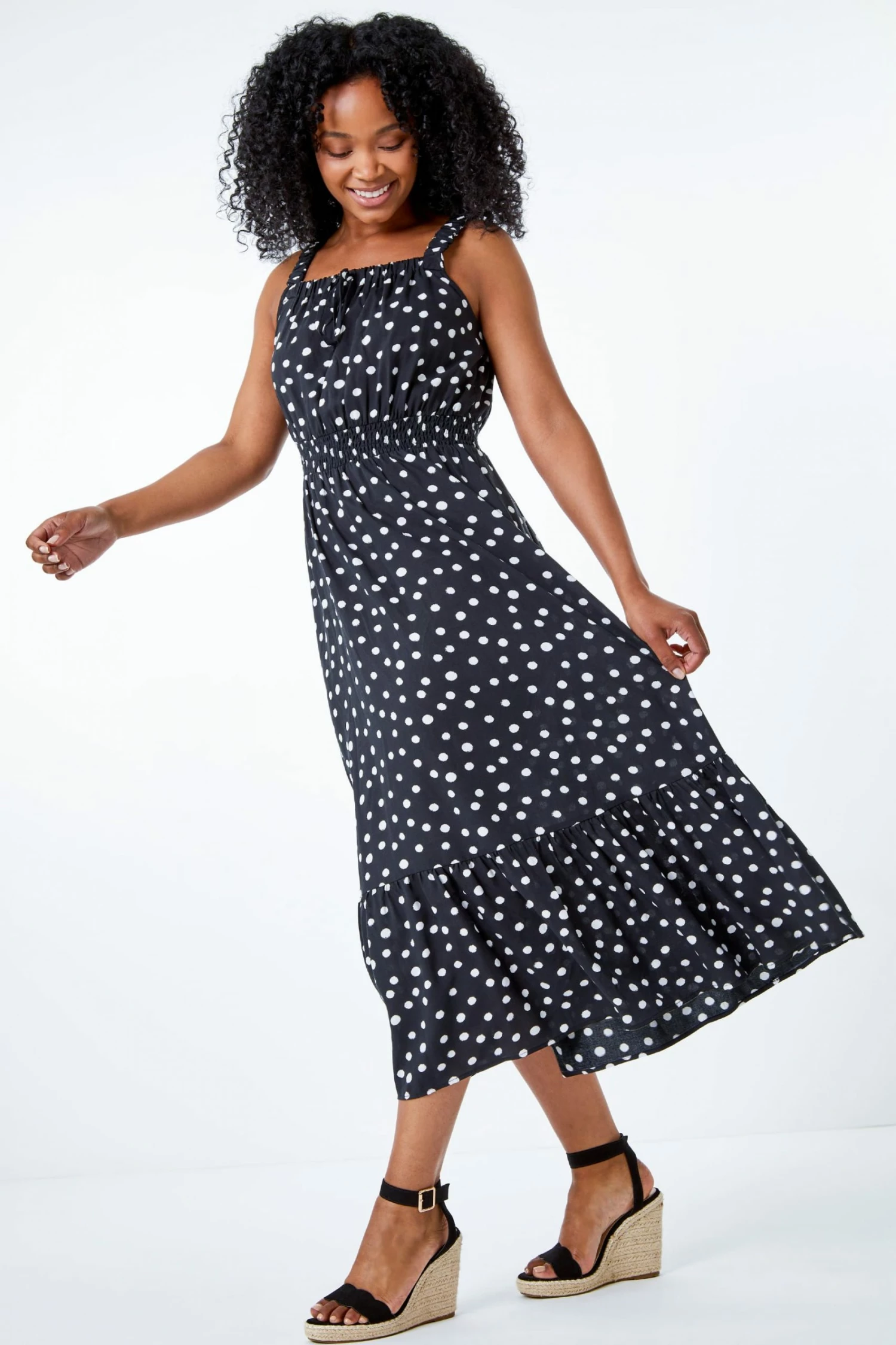 Roman Black Petite Polka Dot Tiered Midi Sundress 4 Roman Black Petite Polka Dot Tiered Midi Sundress - Image 2