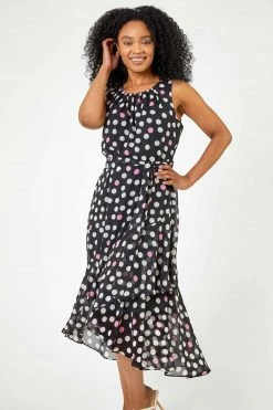 Roman Black Petite Spot Print Frill Trim Dress