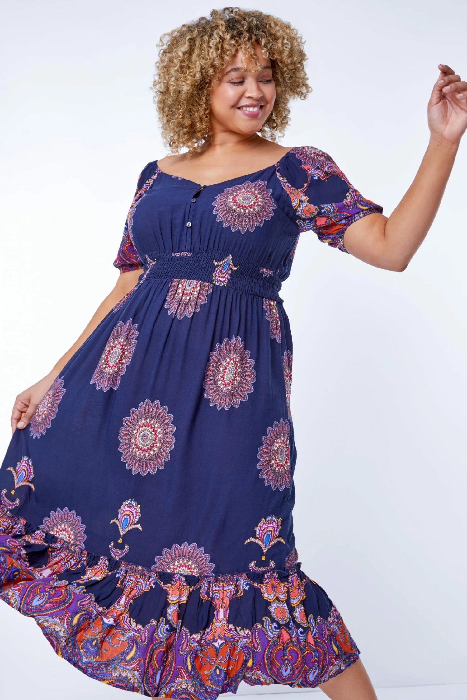 Roman Purple Multi Curve Boho Print Sweetheart Midi Dress 3 Roman Purple Multi Curve Boho Print Sweetheart Midi Dress