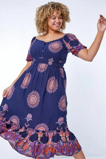 Roman Purple Multi Curve Boho Print Sweetheart Midi Dress 8 Roman Purple Multi Curve Boho Print Sweetheart Midi Dress - Image 6
