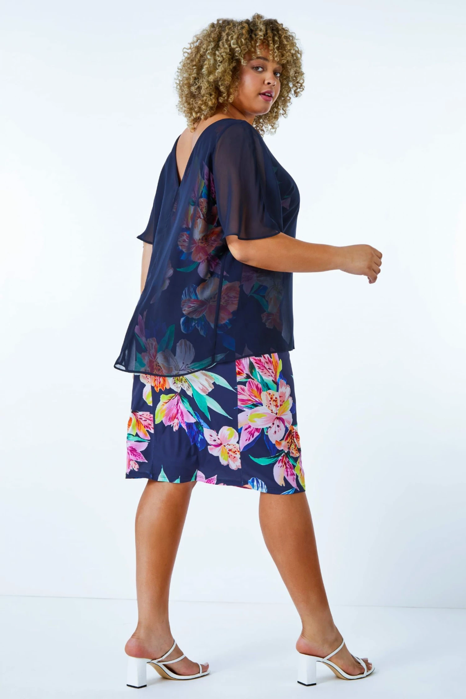 Roman Blue Curve Floral Print Chiffon Overlay Dress 4 Roman Blue Curve Floral Print Chiffon Overlay Dress - Image 2
