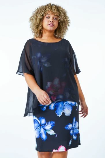 Roman Blue Curve Floral Print Chiffon Overlay Dress 9 Roman Blue Curve Floral Print Chiffon Overlay Dress - Image 7