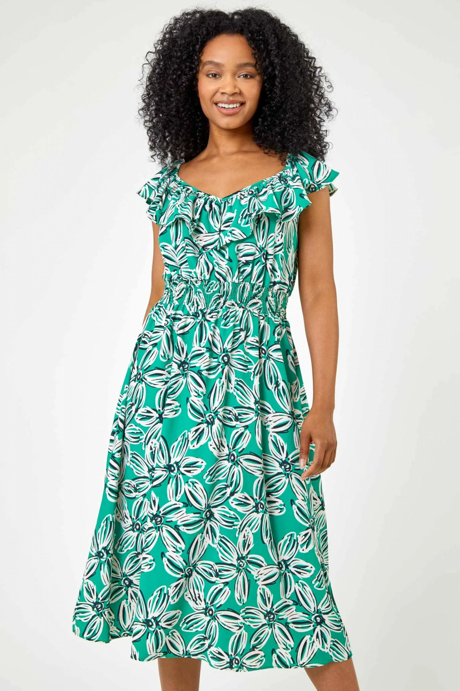 Roman Green Petite Floral Shirred Waist Dress 3 Roman Green Petite Floral Shirred Waist Dress