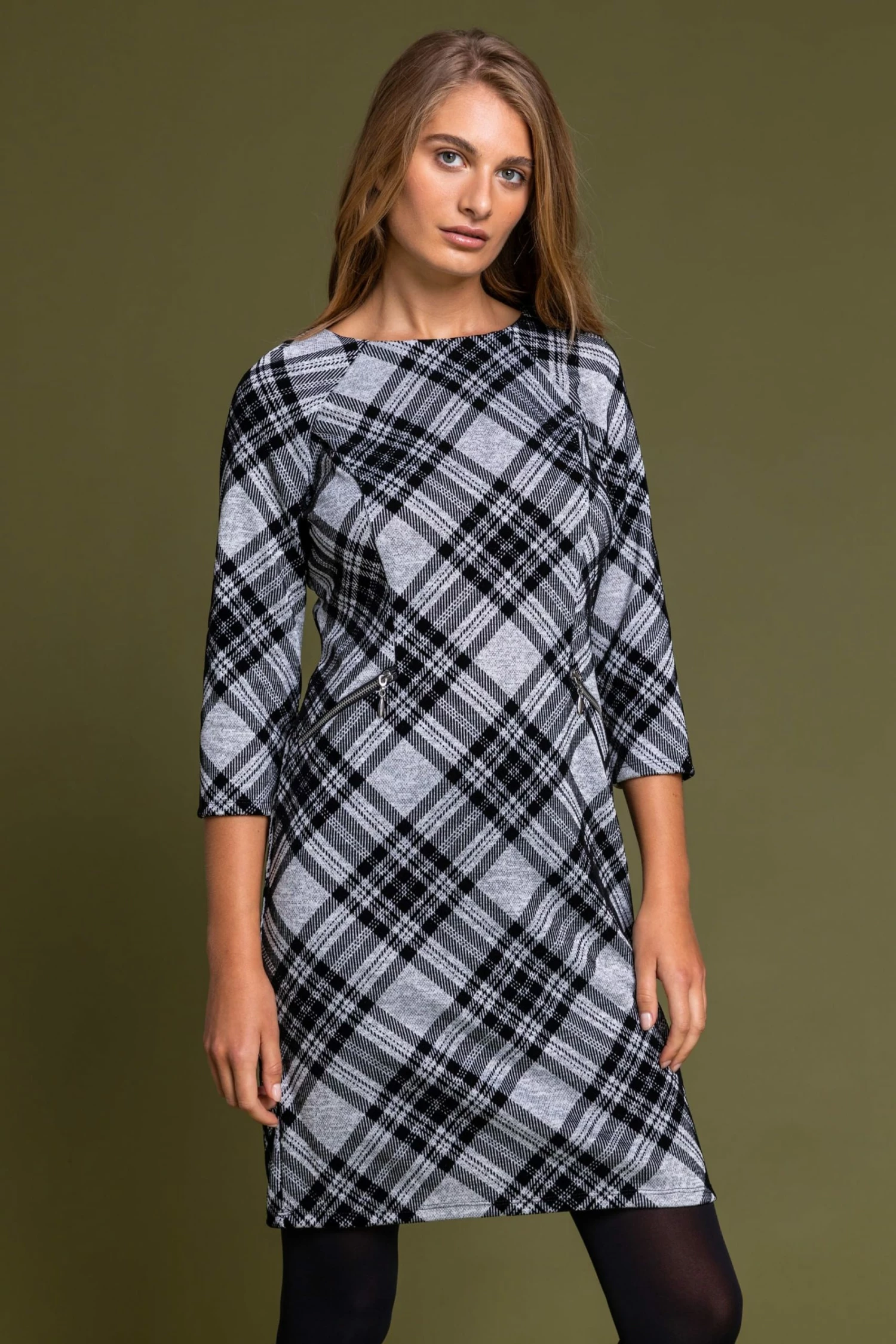 Roman Grey Flocked Check Print Shift Dress 3 Roman Grey Flocked Check Print Shift Dress