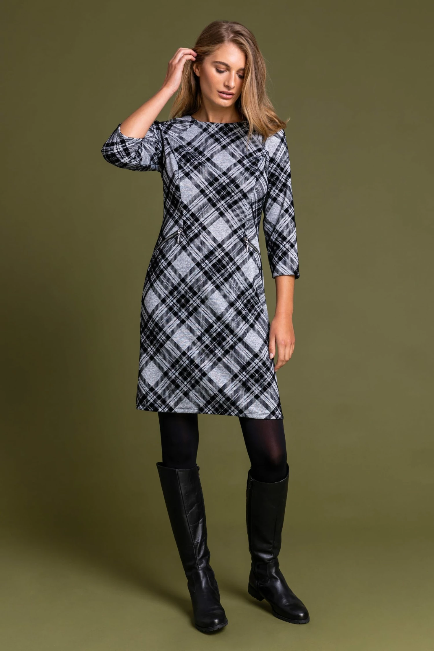 Roman Grey Flocked Check Print Shift Dress 4 Roman Grey Flocked Check Print Shift Dress - Image 2