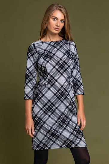 Roman Grey Flocked Check Print Shift Dress 7 Roman Grey Flocked Check Print Shift Dress - Image 5