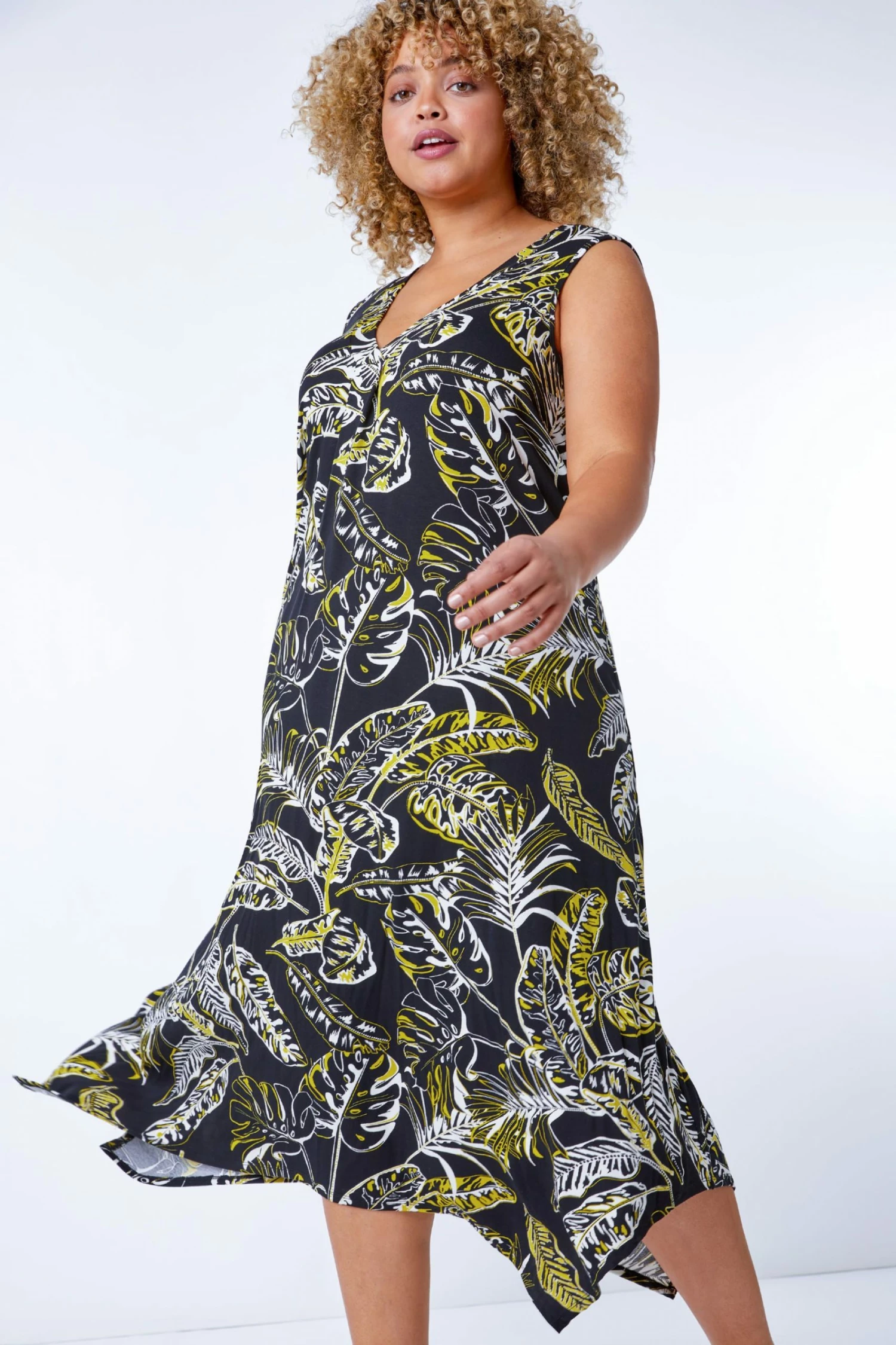 Roman Black & Yellow Curve Leaf Hanky Hem Stretch Dress 3 Roman Black & Yellow Curve Leaf Hanky Hem Stretch Dress