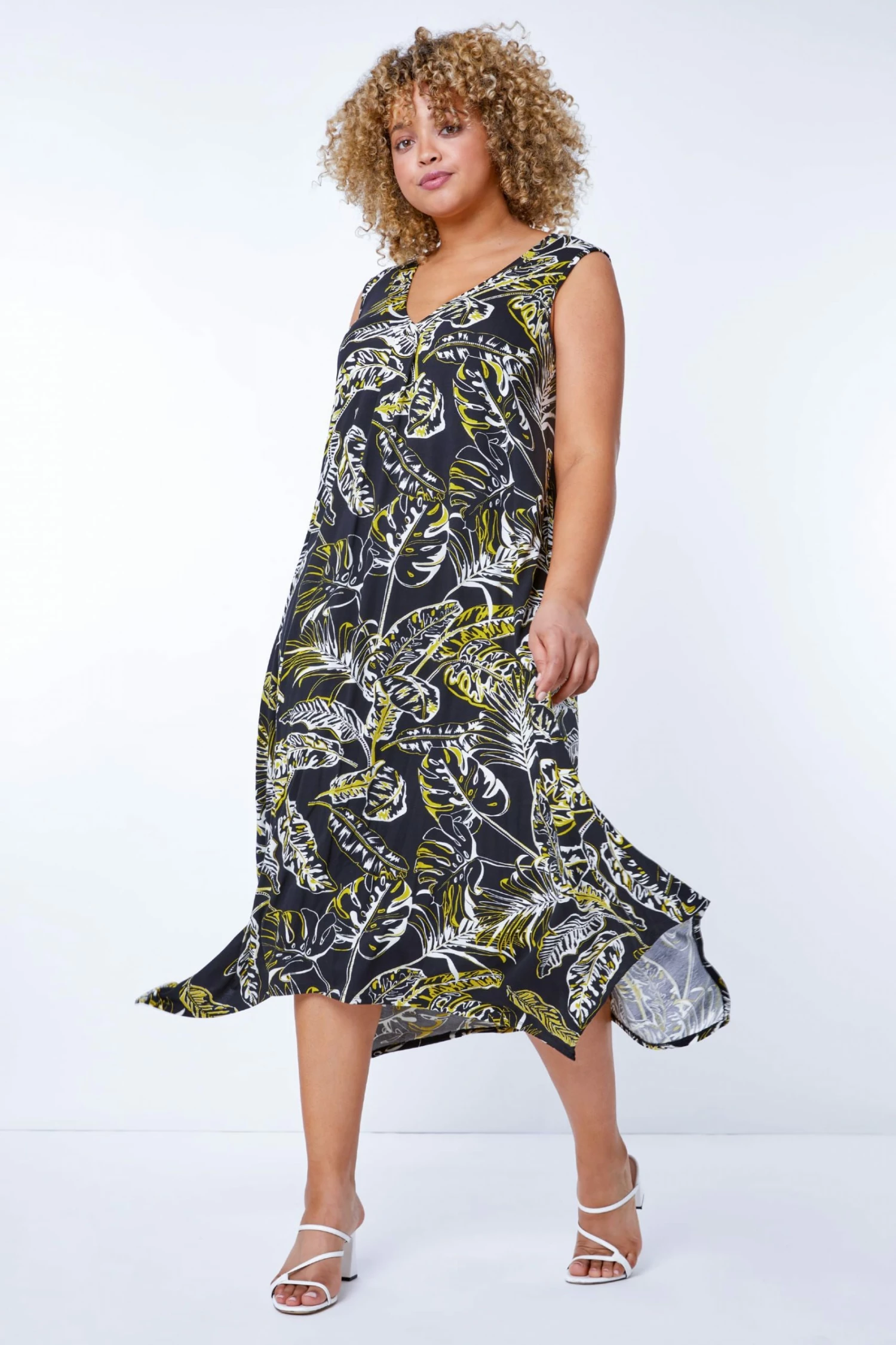 Roman Black & Yellow Curve Leaf Hanky Hem Stretch Dress 4 Roman Black & Yellow Curve Leaf Hanky Hem Stretch Dress - Image 2