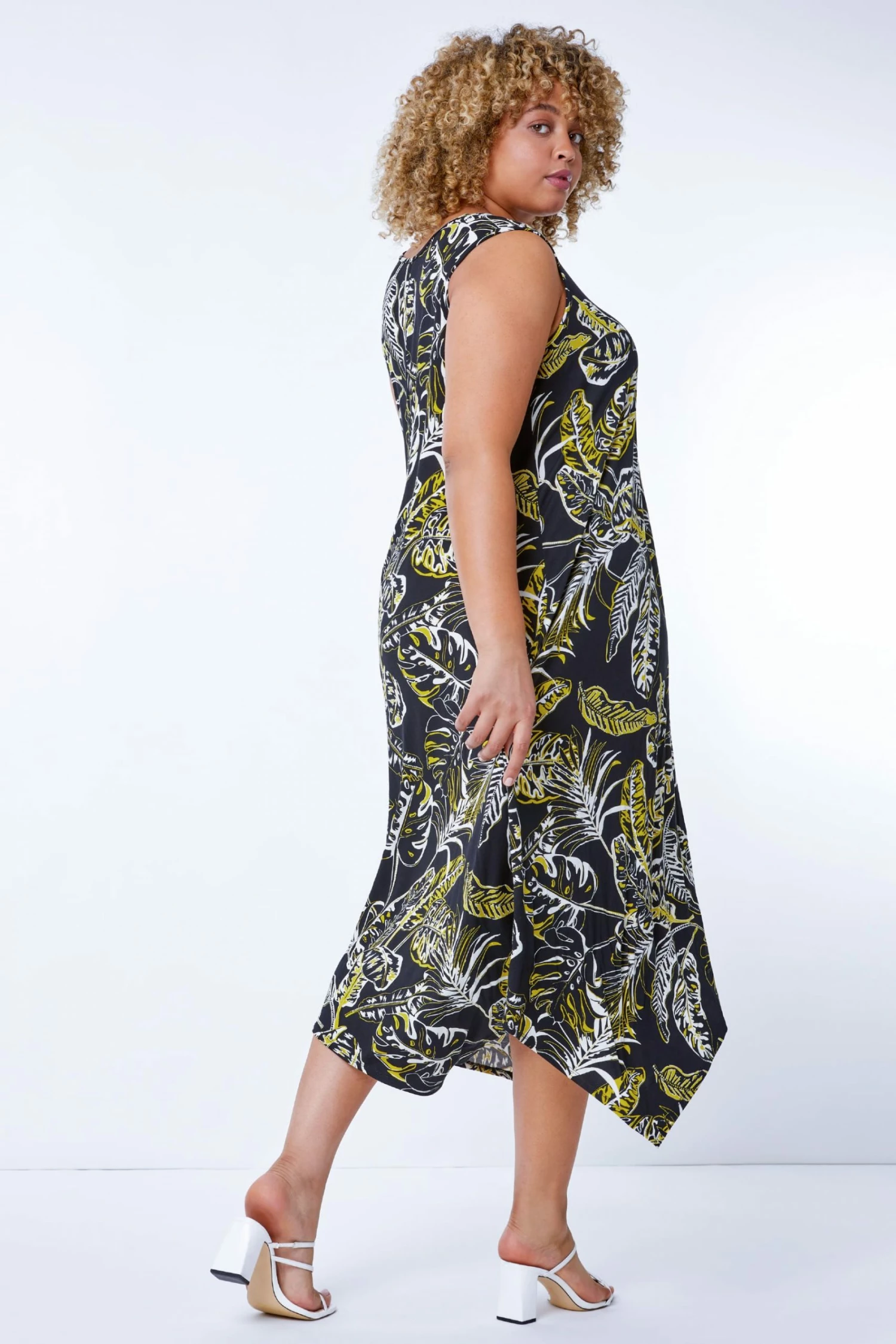 Roman Black & Yellow Curve Leaf Hanky Hem Stretch Dress 5 Roman Black & Yellow Curve Leaf Hanky Hem Stretch Dress - Image 3