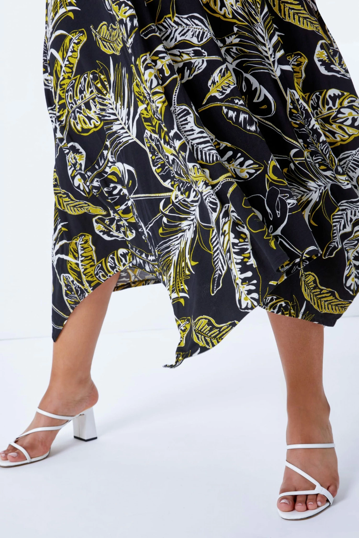 Roman Black & Yellow Curve Leaf Hanky Hem Stretch Dress 7 Roman Black & Yellow Curve Leaf Hanky Hem Stretch Dress - Image 5