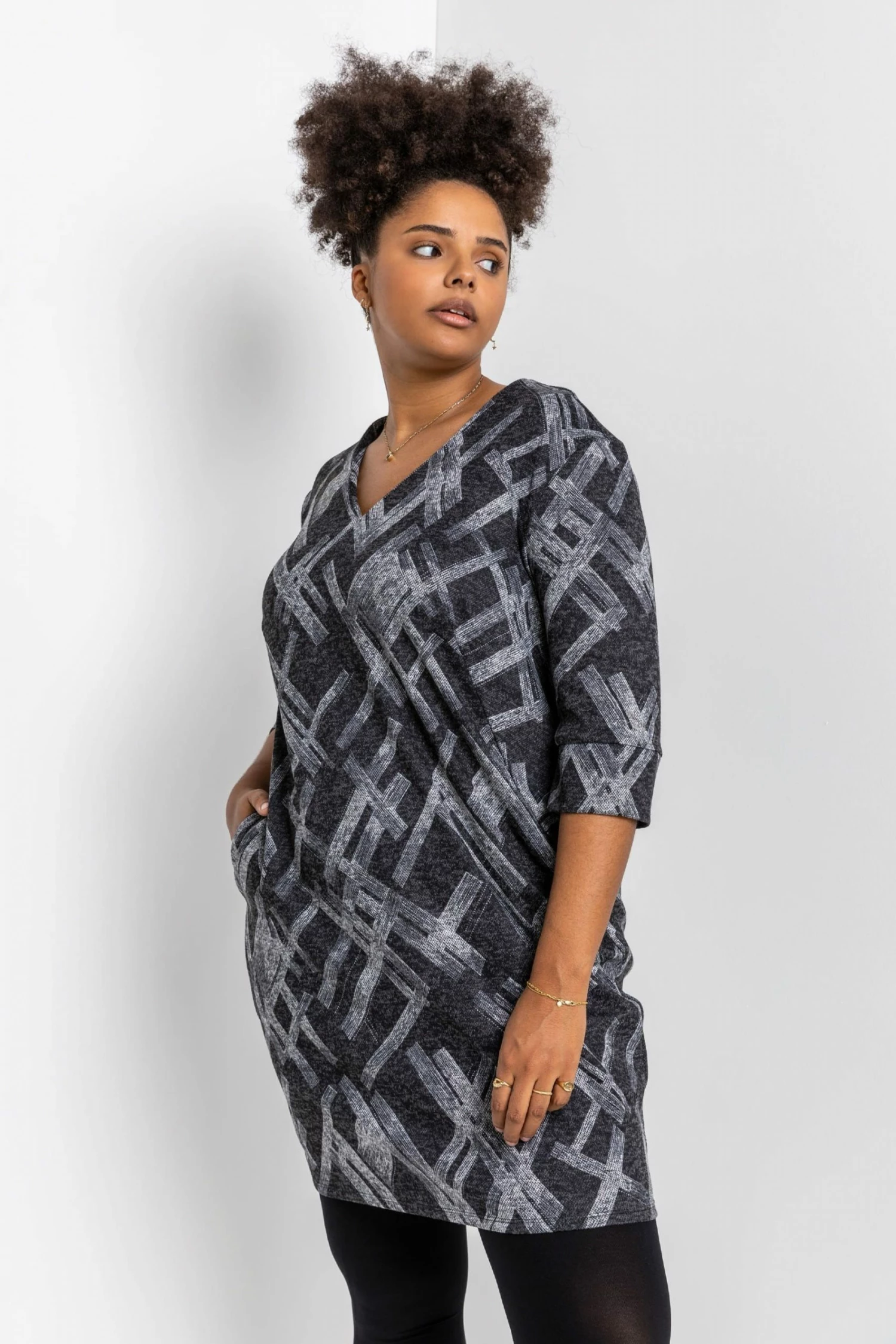 Roman Grey Curve Abstract Cross Print Dress 3 Roman Grey Curve Abstract Cross Print Dress
