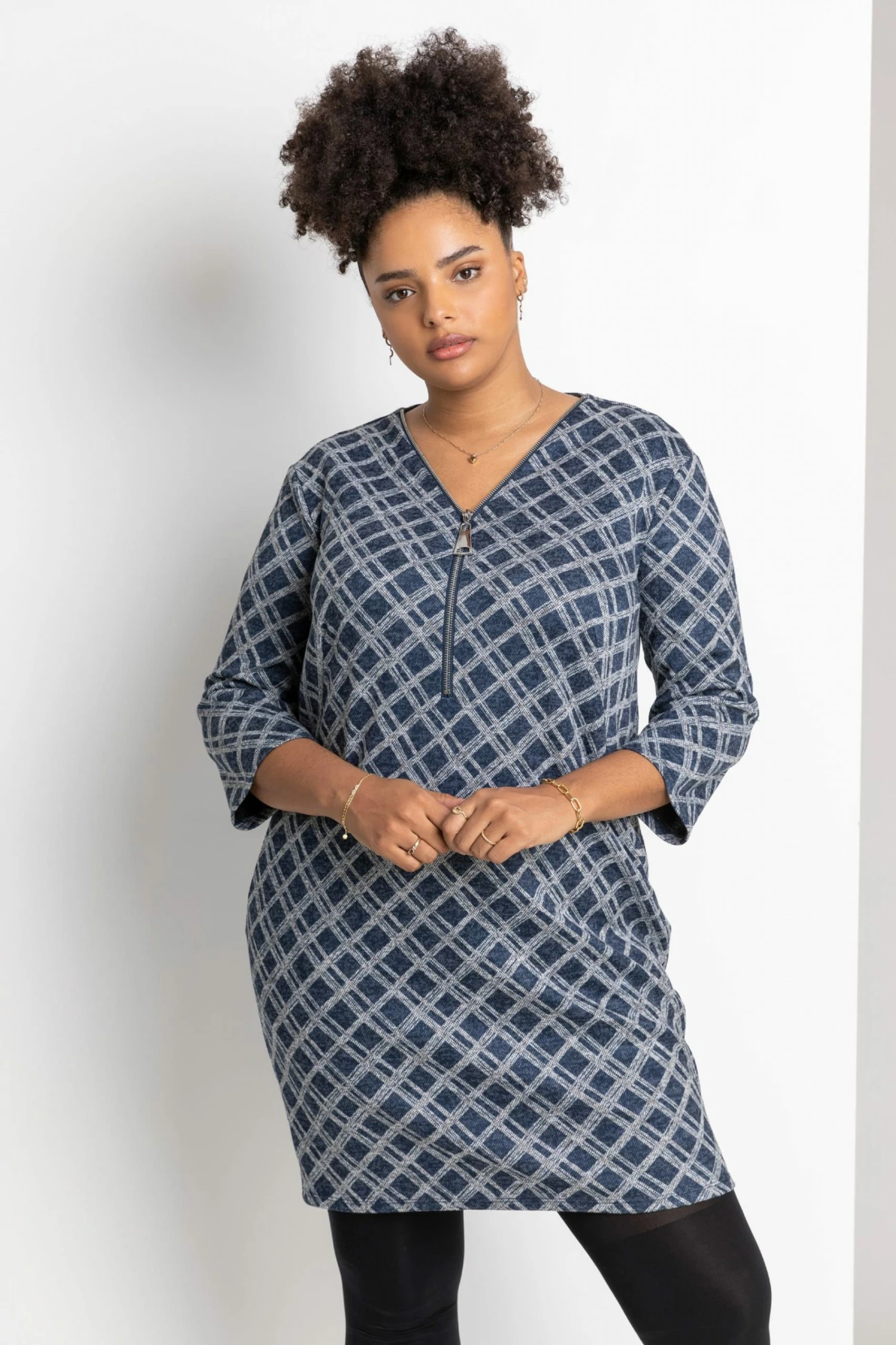 Roman Blue Curve Check Print Zip Dress 3 Roman Blue Curve Check Print Zip Dress