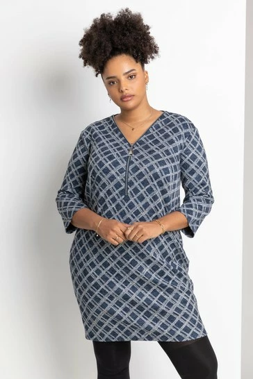 Roman Blue Curve Check Print Zip Dress 7 Roman Blue Curve Check Print Zip Dress - Image 5