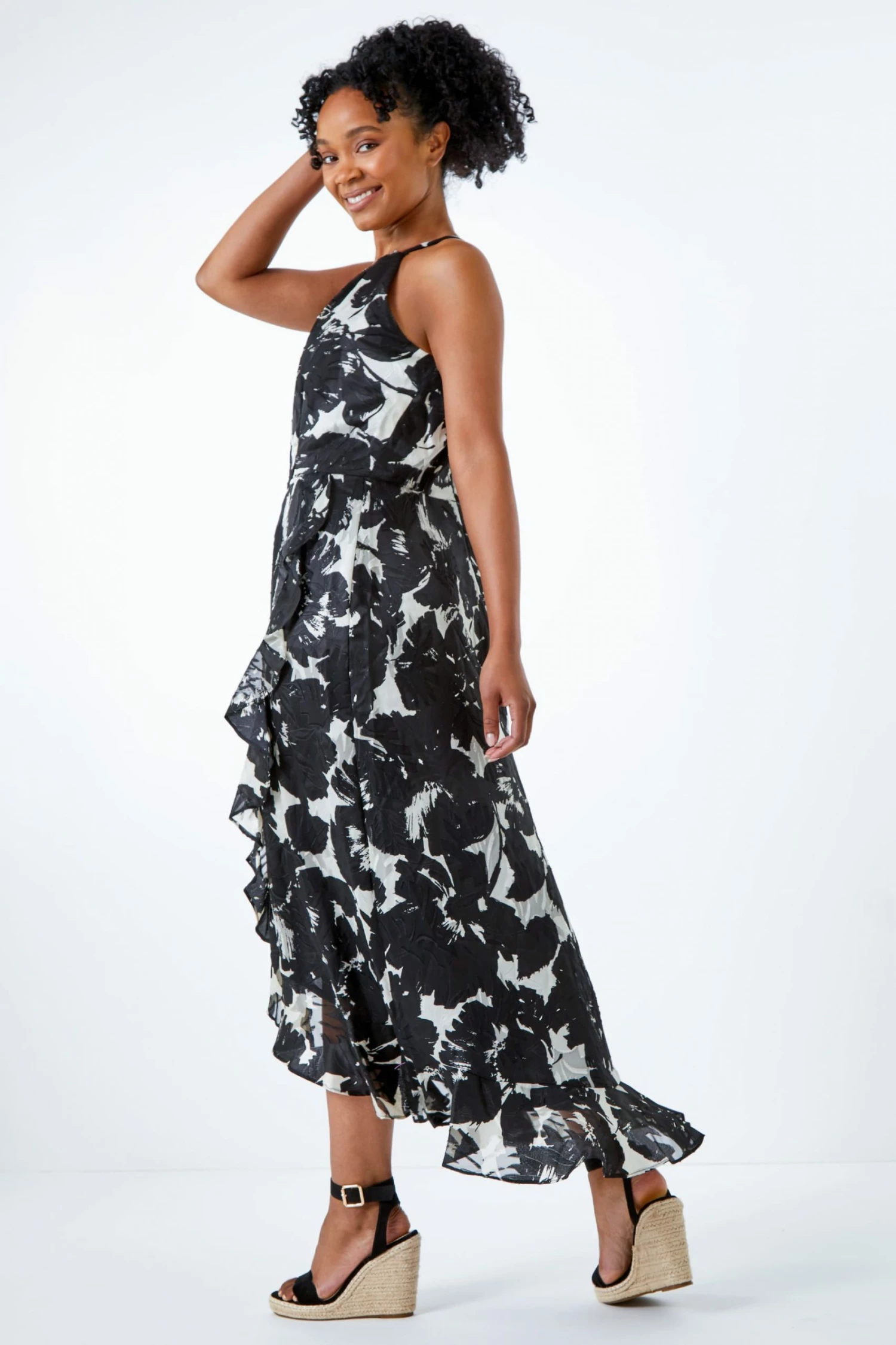 Roman Black Petite Abstract Print Frill Detail Midi Dress 4 Roman Black Petite Abstract Print Frill Detail Midi Dress - Image 2