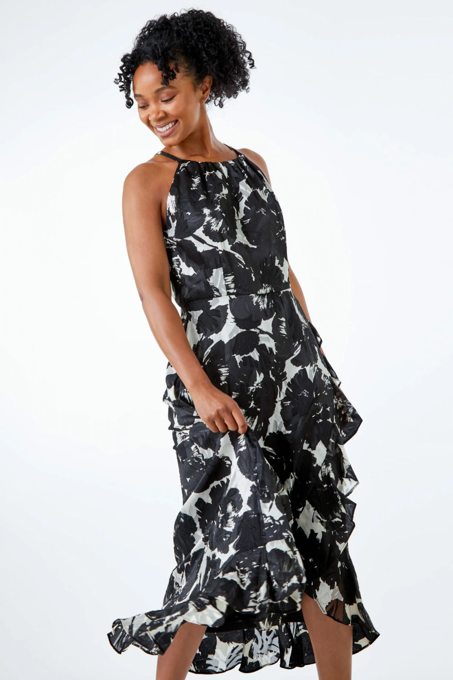 Roman Black Petite Abstract Print Frill Detail Midi Dress 5 Roman Black Petite Abstract Print Frill Detail Midi Dress - Image 3