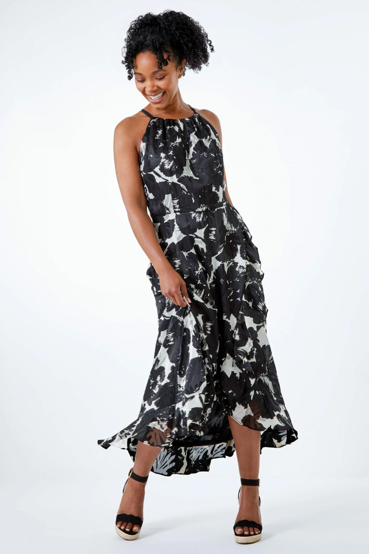 Roman Black Petite Abstract Print Frill Detail Midi Dress 7 Roman Black Petite Abstract Print Frill Detail Midi Dress - Image 5