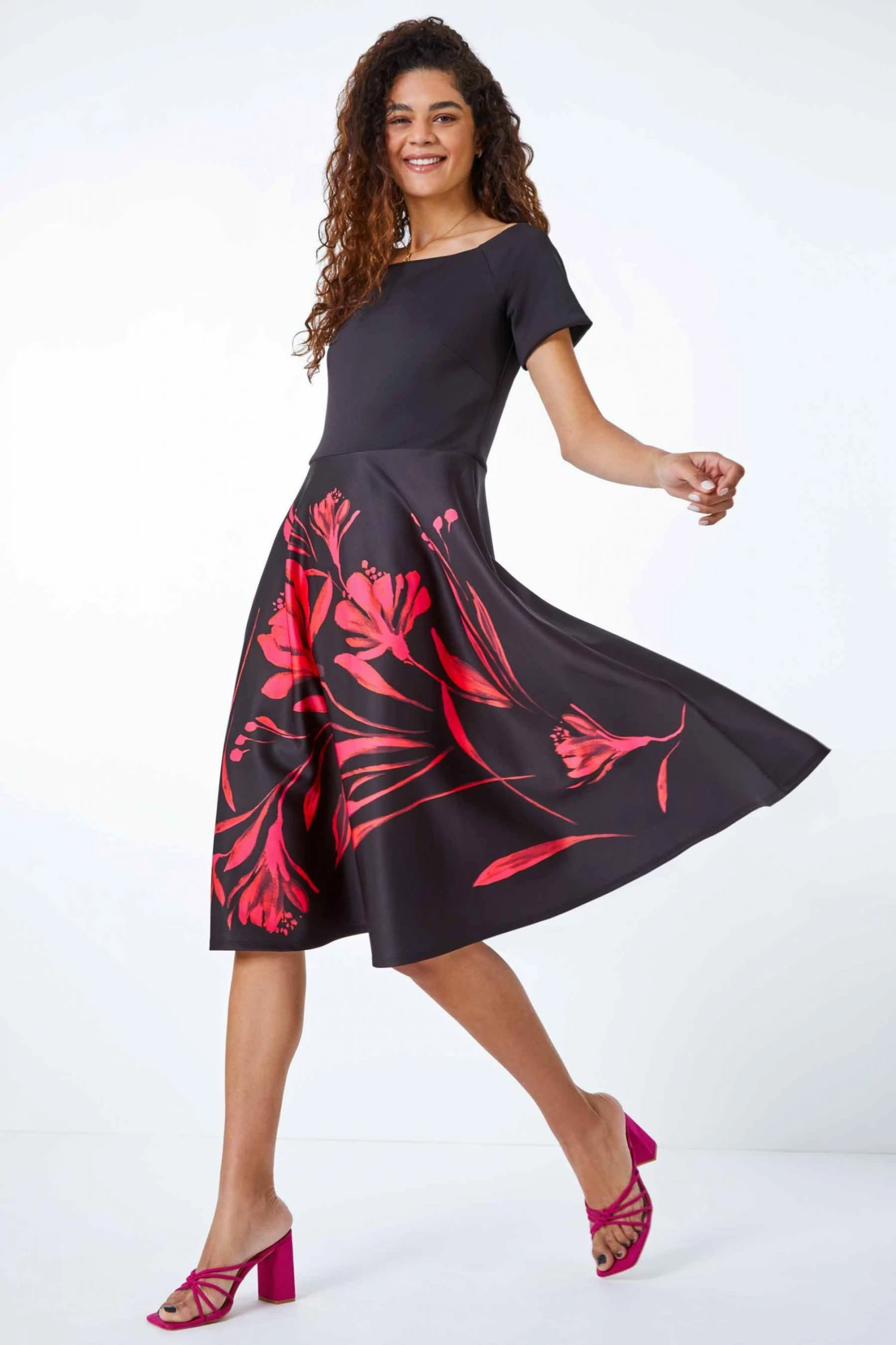 Roman Black Floral Fit & Flare Bardot Dress 3 Roman Black Floral Fit & Flare Bardot Dress - Image 2