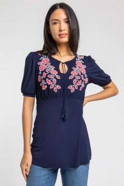 Roman Blue Floral Placement Gathered Detail Top