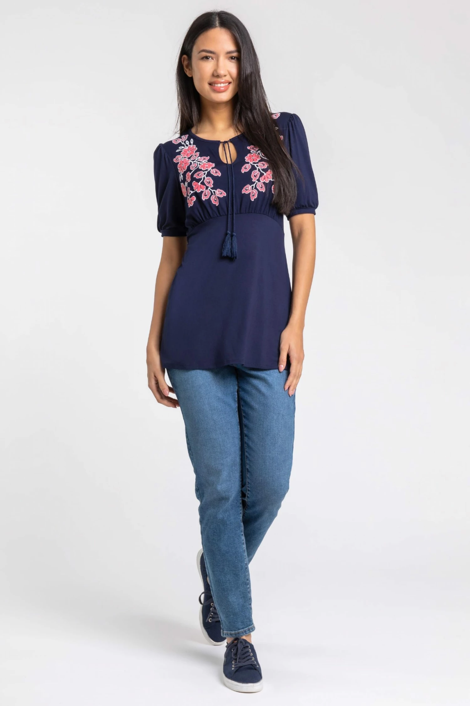Roman Blue Floral Placement Gathered Detail Top 3 Roman Blue Floral Placement Gathered Detail Top - Image 2