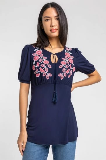 Roman Blue Floral Placement Gathered Detail Top 6 Roman Blue Floral Placement Gathered Detail Top - Image 5