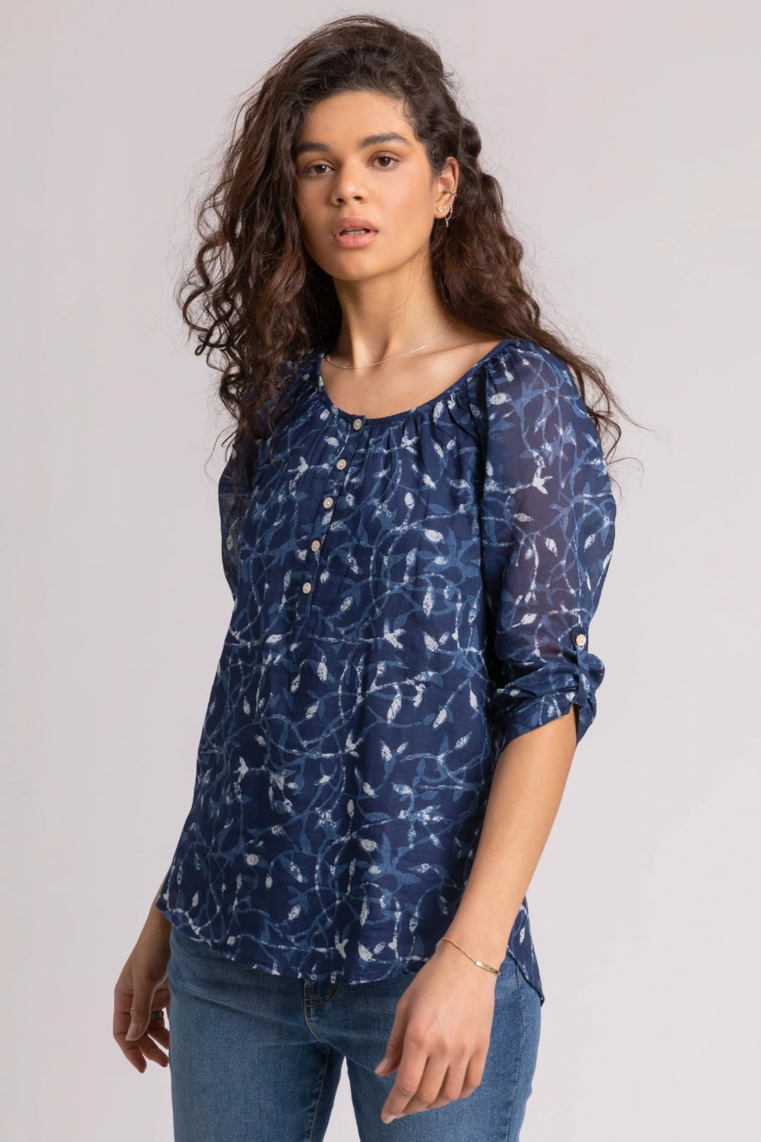 Roman Blue Abstract Leaf Print Button Top 3 Roman Blue Abstract Leaf Print Button Top