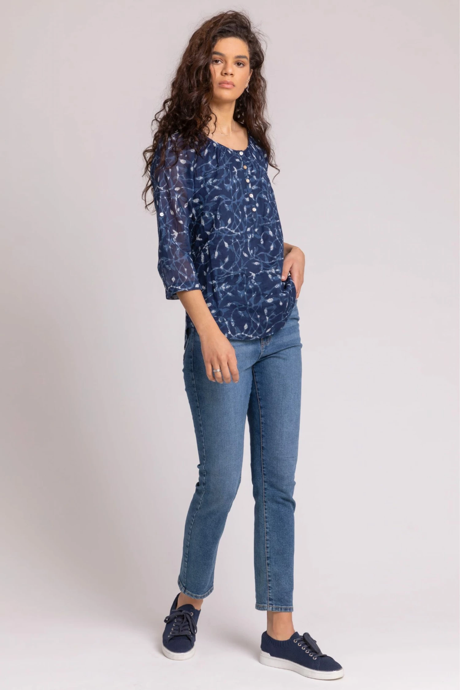 Roman Blue Abstract Leaf Print Button Top 5 Roman Blue Abstract Leaf Print Button Top - Image 3