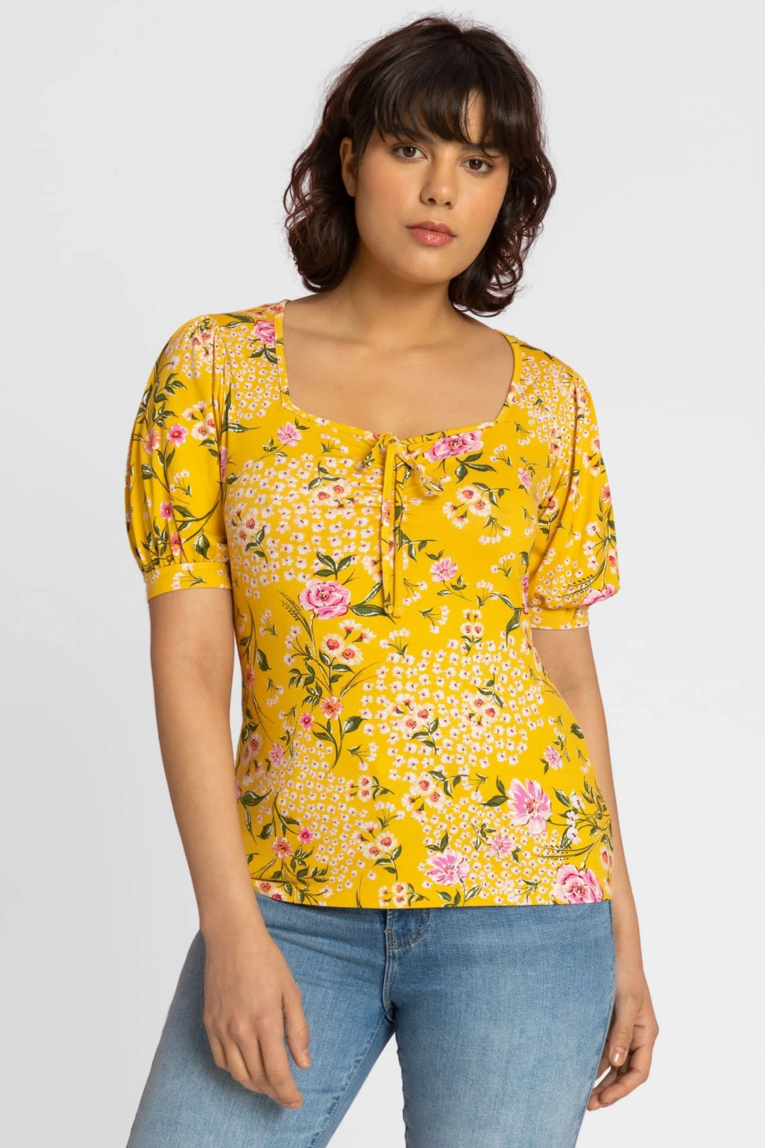 Roman Yellow Floral Print Ruched Detail Top 3 Roman Yellow Floral Print Ruched Detail Top