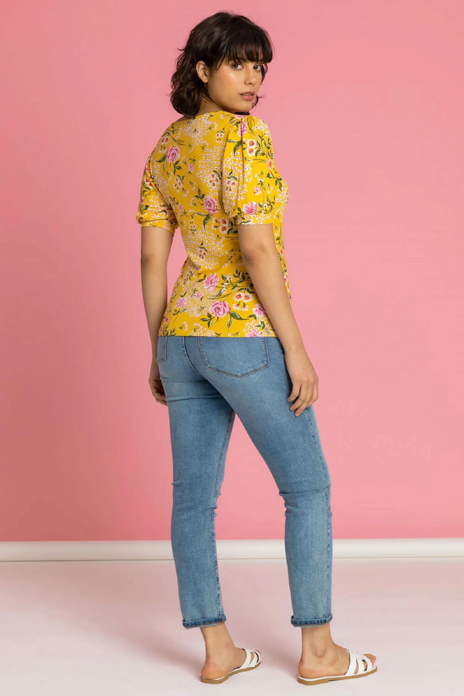 Roman Yellow Floral Print Ruched Detail Top 4 Roman Yellow Floral Print Ruched Detail Top - Image 2