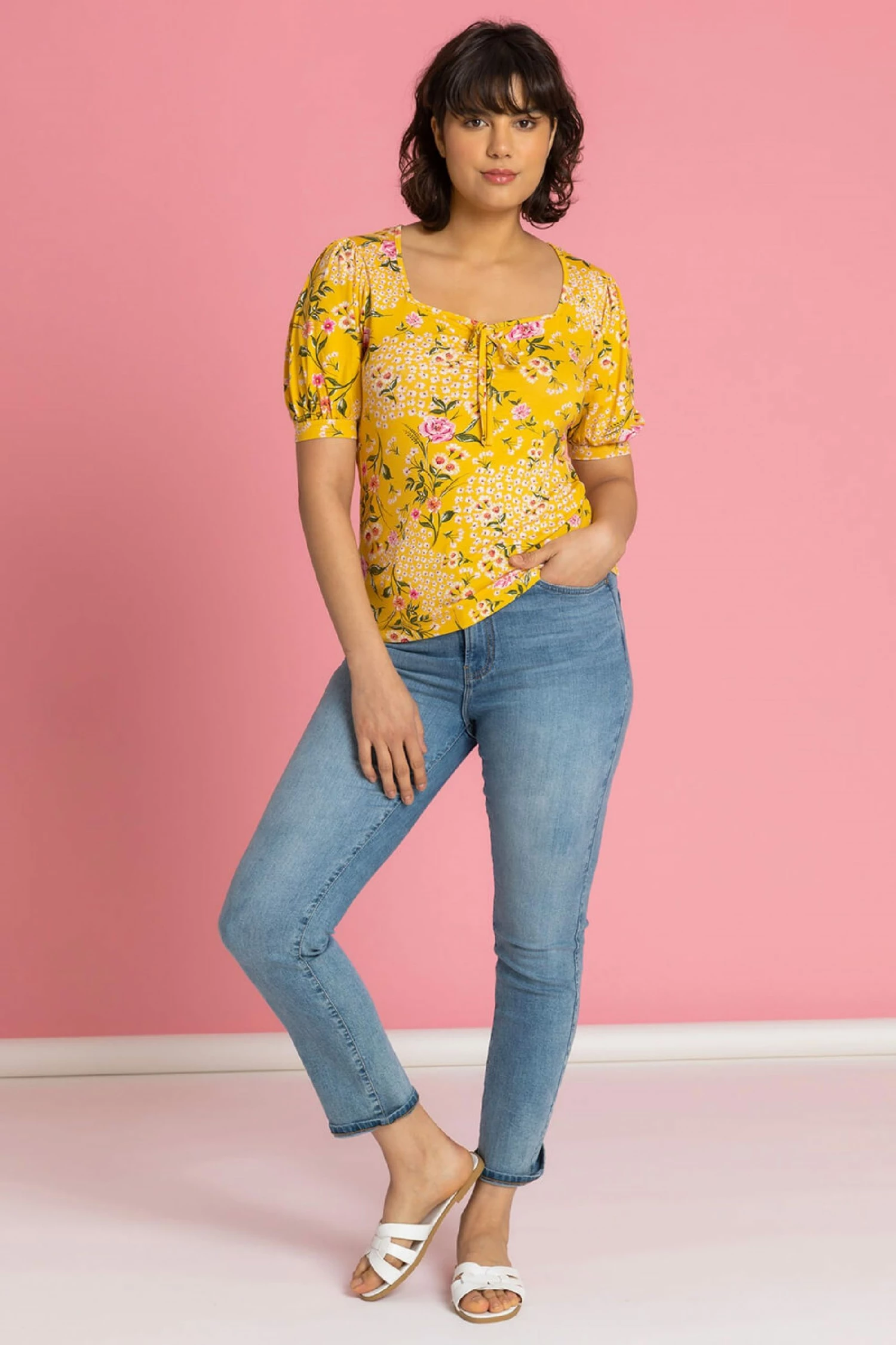 Roman Yellow Floral Print Ruched Detail Top 5 Roman Yellow Floral Print Ruched Detail Top - Image 3