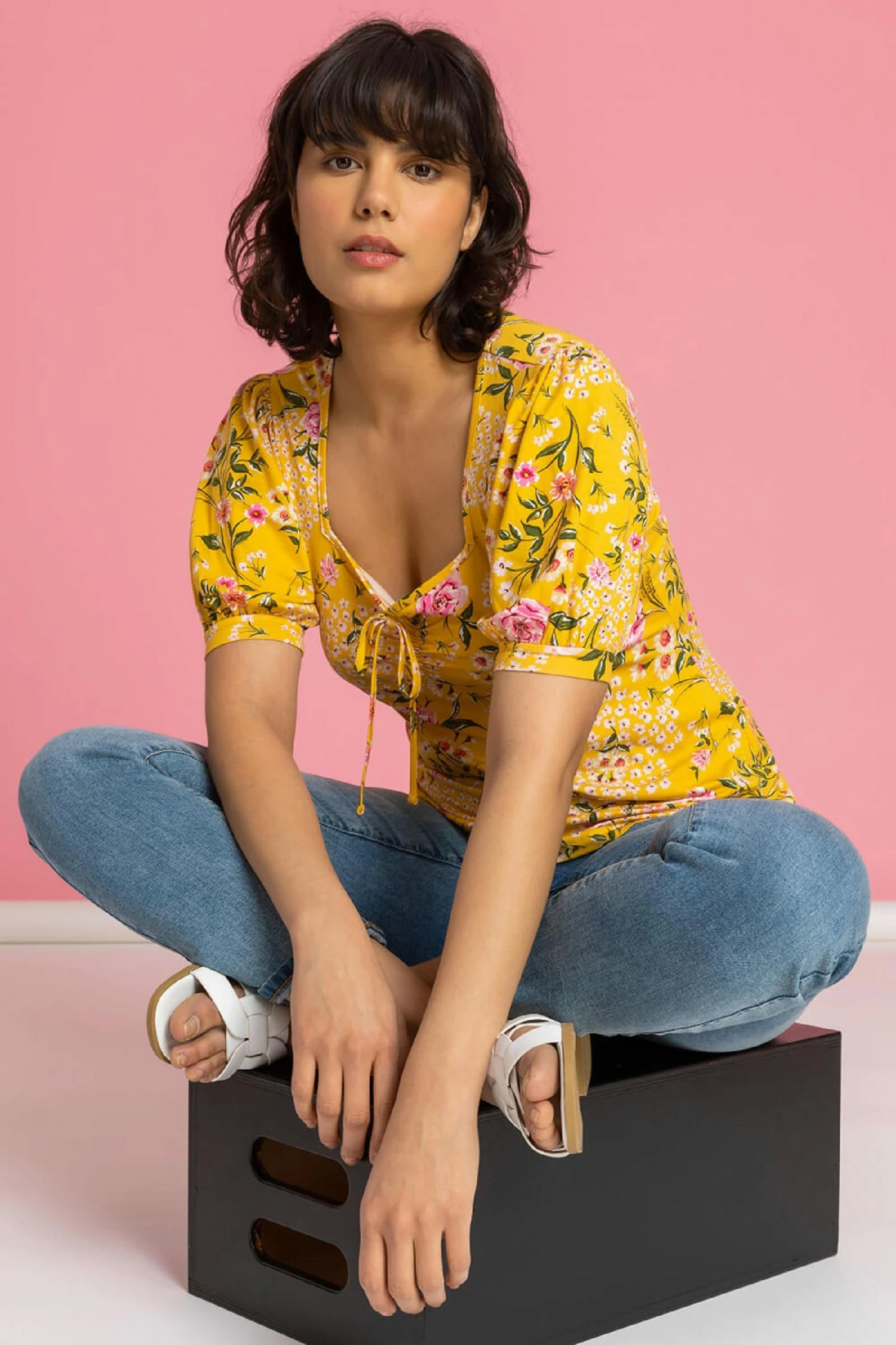 Roman Yellow Floral Print Ruched Detail Top 7 Roman Yellow Floral Print Ruched Detail Top - Image 5