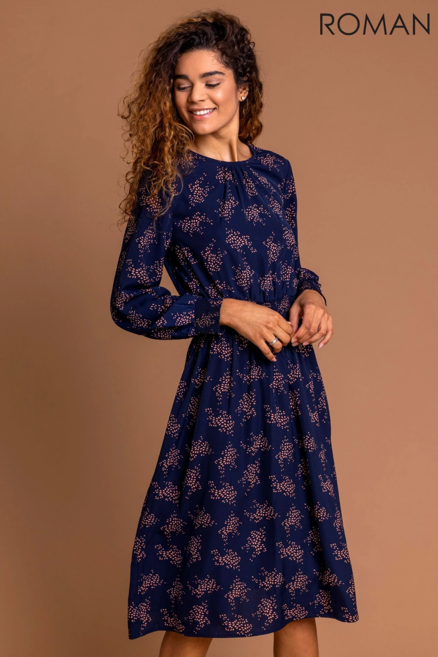 Roman Navy Shirred Waist Floral Midi Dress 3 Roman Navy Shirred Waist Floral Midi Dress