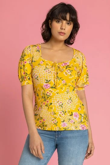 Roman Yellow Floral Print Ruched Detail Top 8 Roman Yellow Floral Print Ruched Detail Top - Image 6