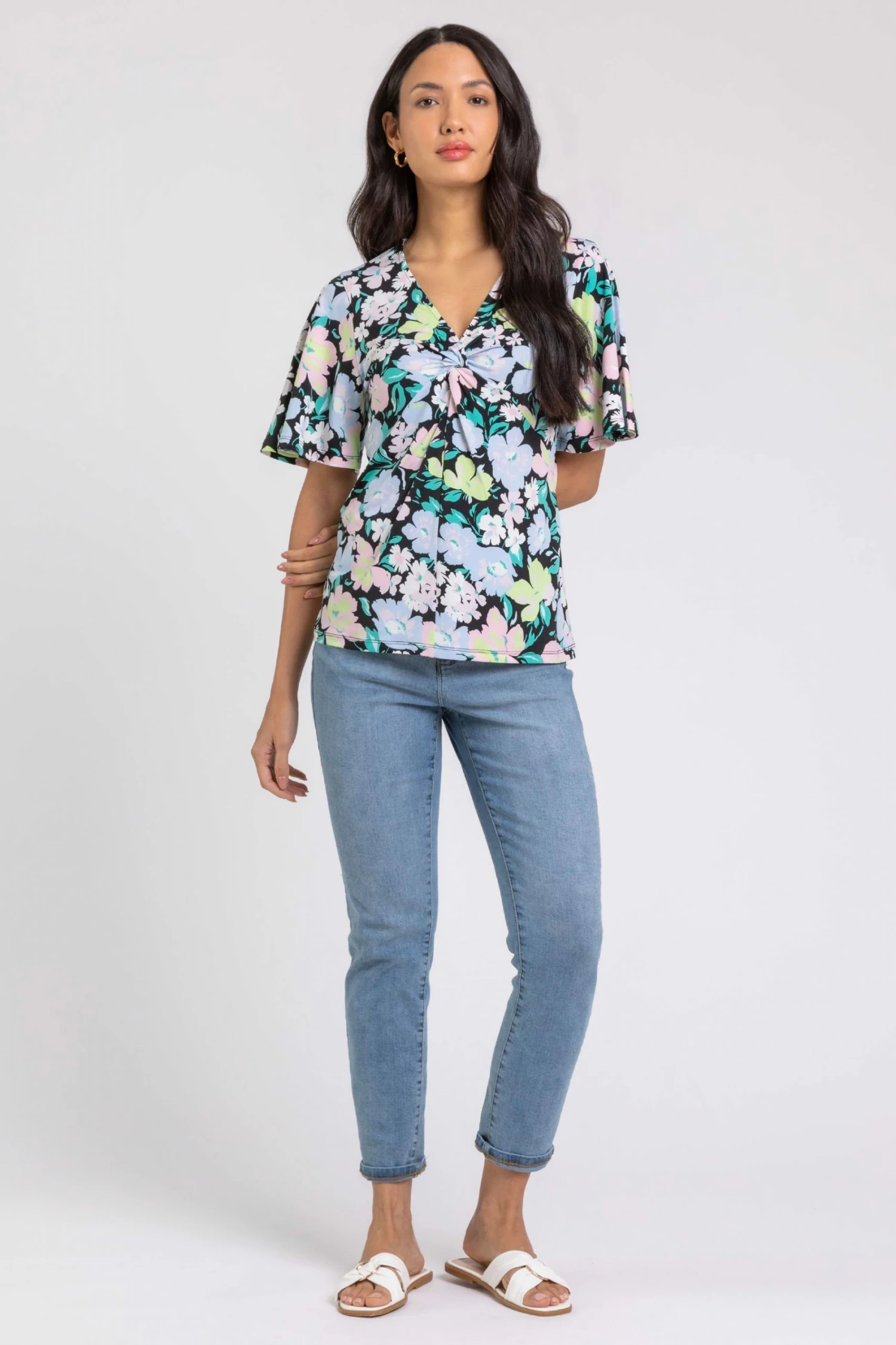 Roman Black Floral Print Twist Front Detail Top 4 Roman Black Floral Print Twist Front Detail Top - Image 2