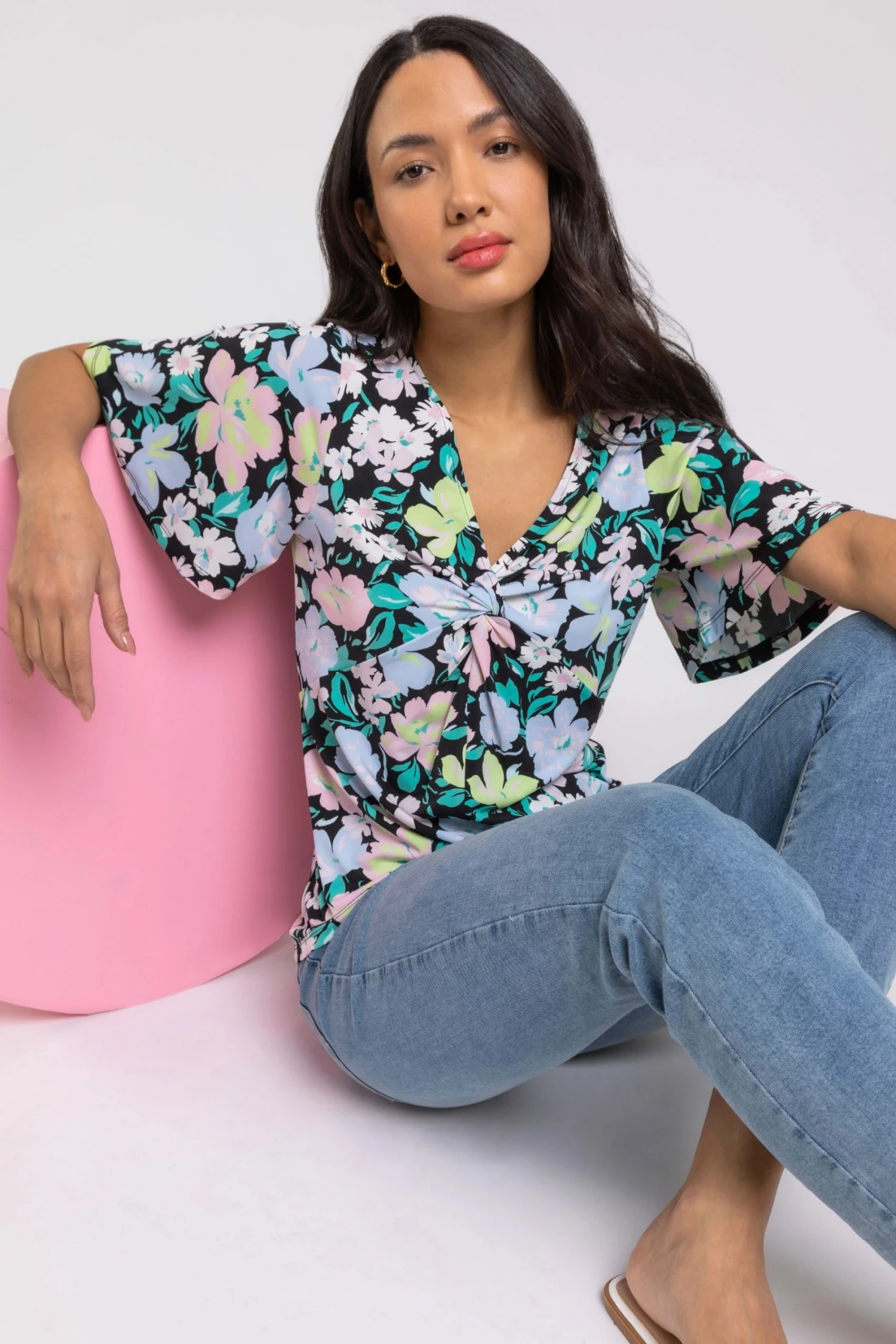 Roman Black Floral Print Twist Front Detail Top 6 Roman Black Floral Print Twist Front Detail Top - Image 4