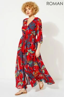 Roman Red Tropical Print Belted Maxi Dress