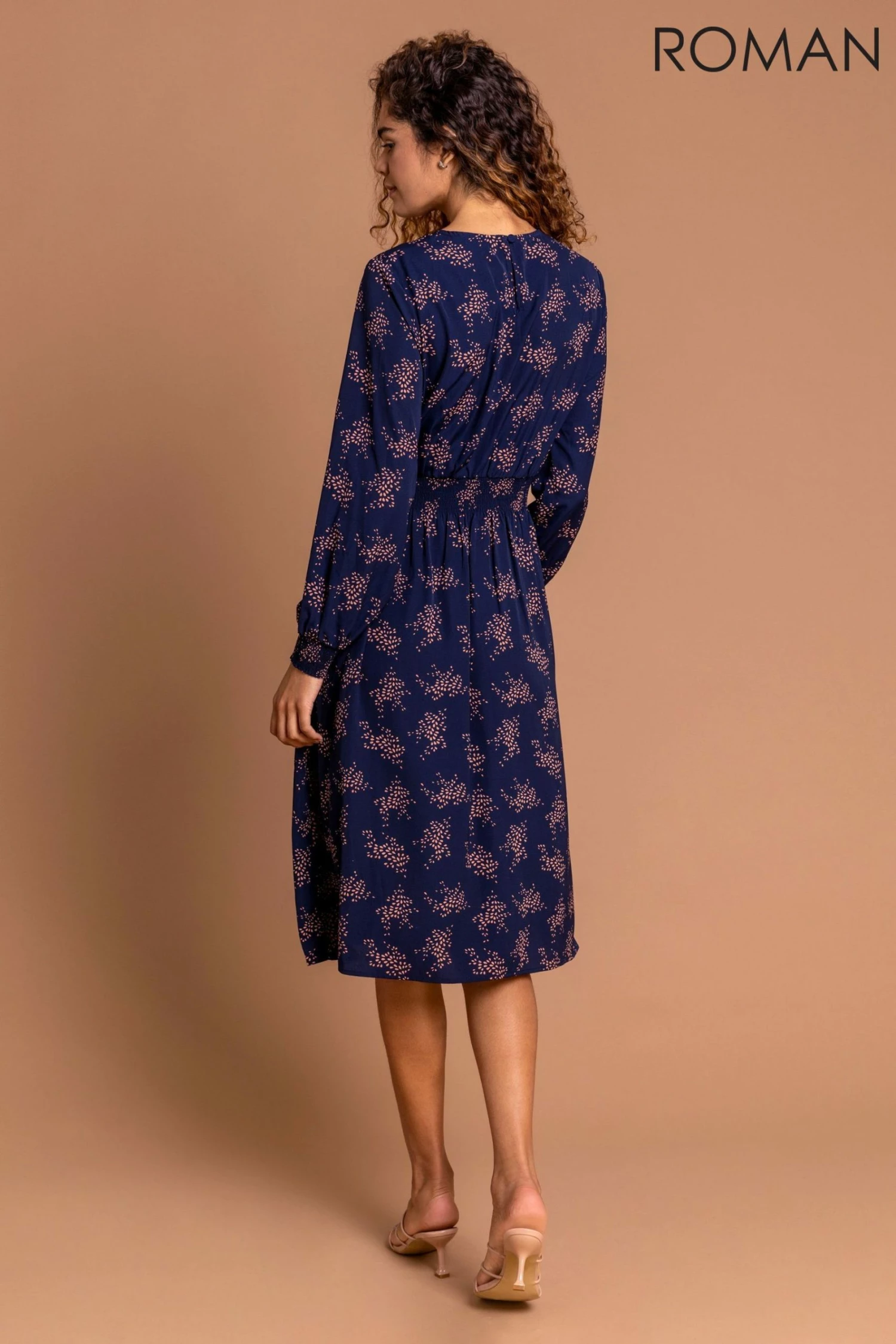 Roman Navy Shirred Waist Floral Midi Dress 4 Roman Navy Shirred Waist Floral Midi Dress - Image 2