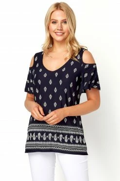 Roman Navy Paisley Print Cold Shoulder Top
