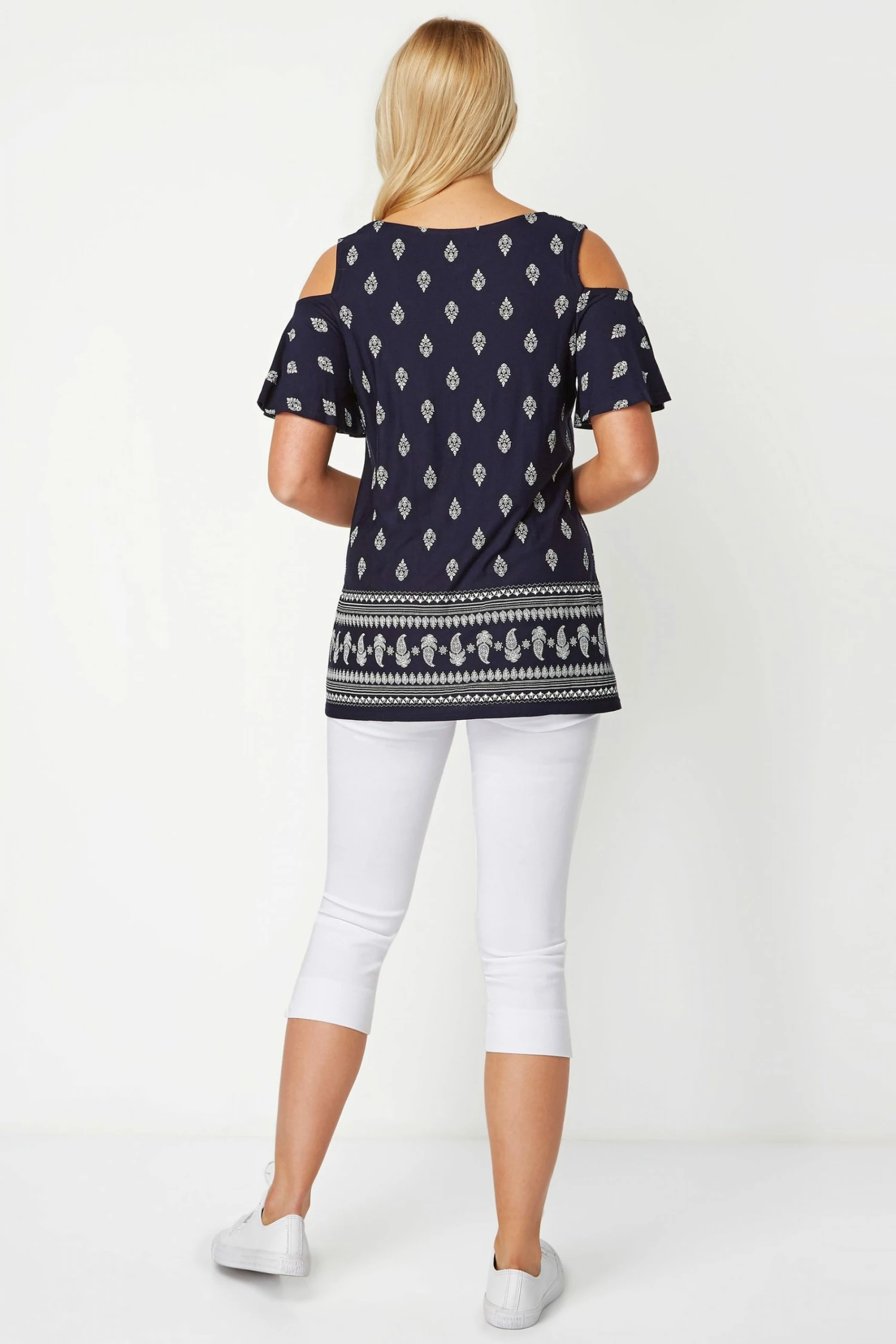 Roman Navy Paisley Print Cold Shoulder Top 4 Roman Navy Paisley Print Cold Shoulder Top - Image 2
