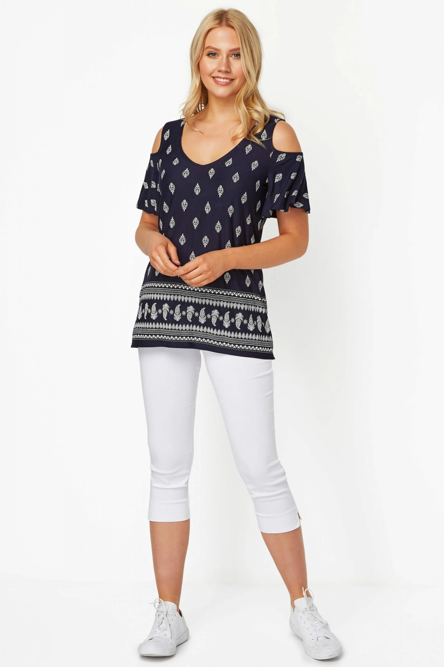 Roman Navy Paisley Print Cold Shoulder Top 5 Roman Navy Paisley Print Cold Shoulder Top - Image 3