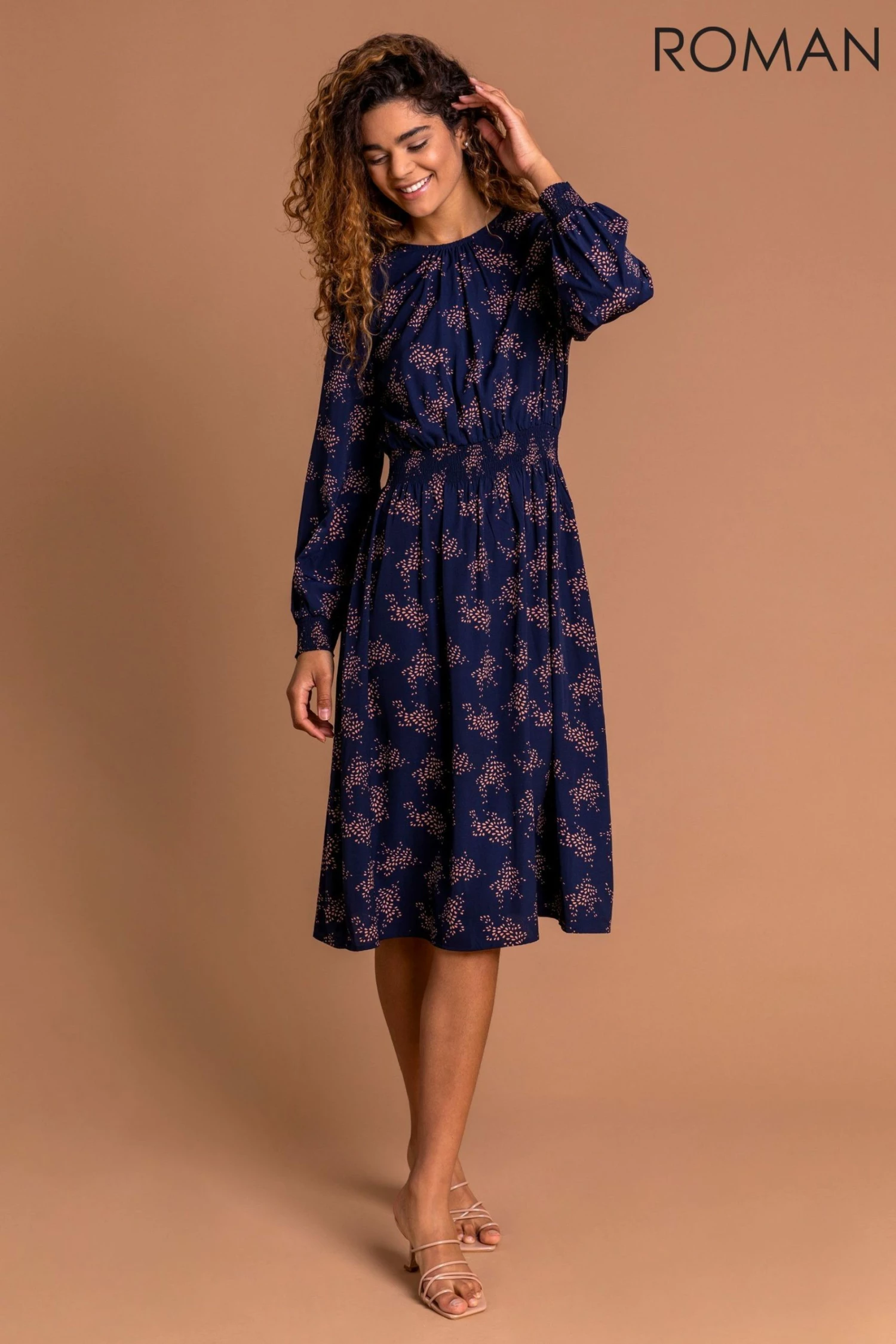 Roman Navy Shirred Waist Floral Midi Dress 5 Roman Navy Shirred Waist Floral Midi Dress - Image 3