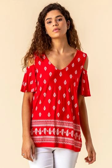 Roman Navy Paisley Print Cold Shoulder Top 8 Roman Navy Paisley Print Cold Shoulder Top - Image 6