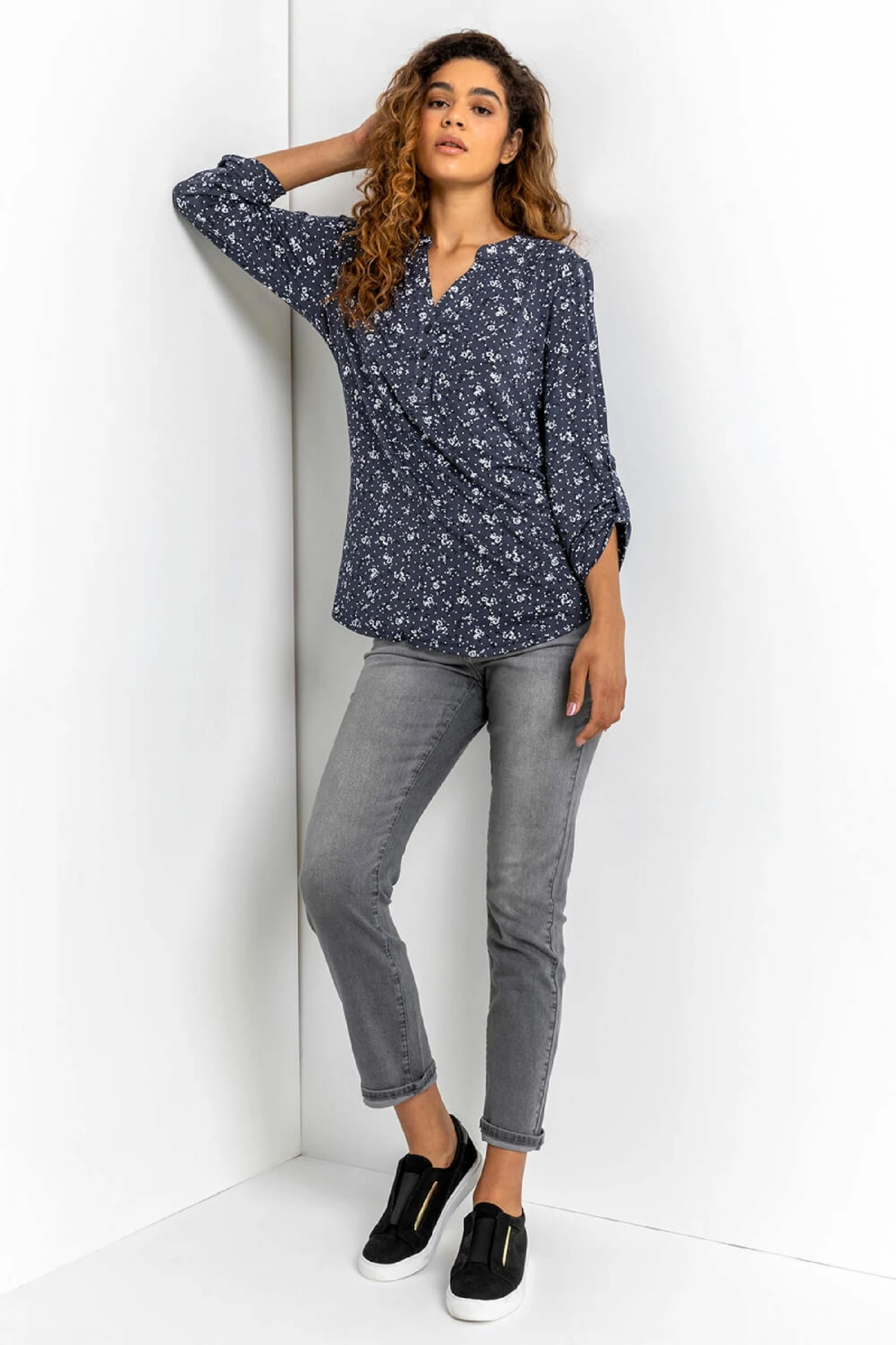 Roman Blue Ditsy Floral Notch Neck Top 5 Roman Blue Ditsy Floral Notch Neck Top - Image 3