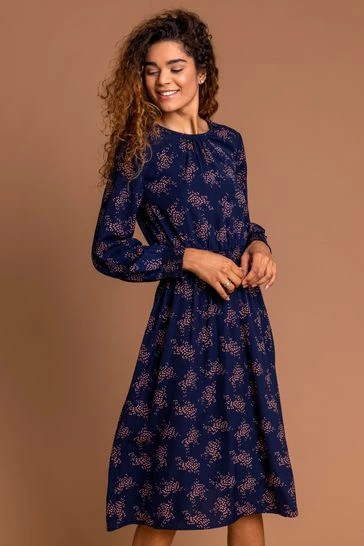 Roman Navy Shirred Waist Floral Midi Dress 7 Roman Navy Shirred Waist Floral Midi Dress - Image 5