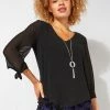 Roman Black Originals Necklace Trim Sleeve Tie Top