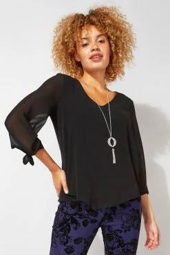 Roman Black Originals Necklace Trim Sleeve Tie Top